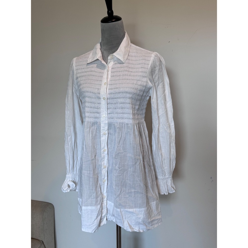Maeve by Anthropologie White Smocked Button Down Tunic Blouse Gauze Top Small